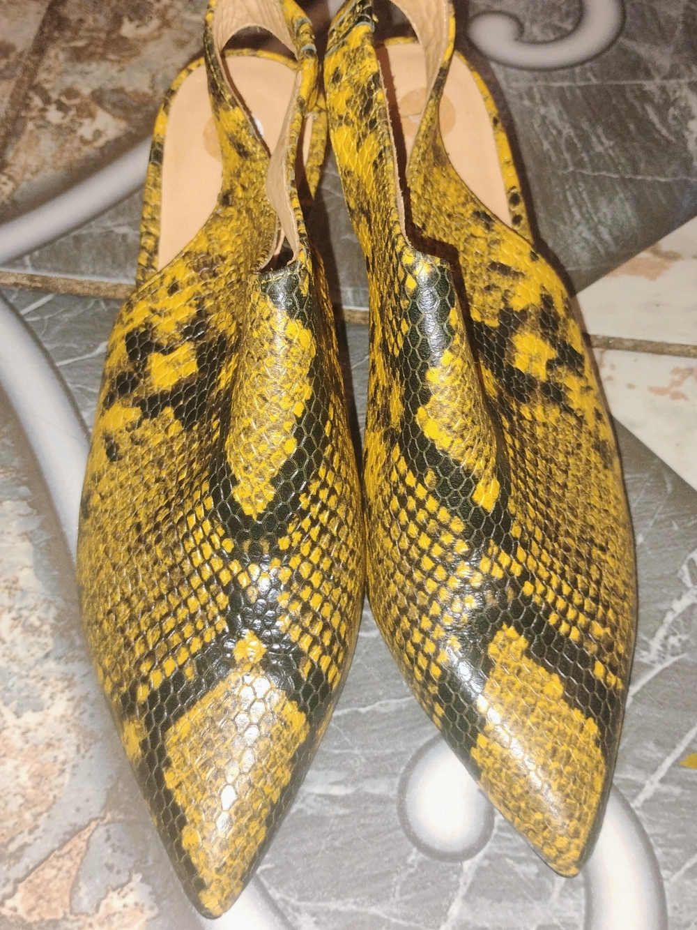 Joie Yellow and Black Snake-Print Pointed Slingback Mules